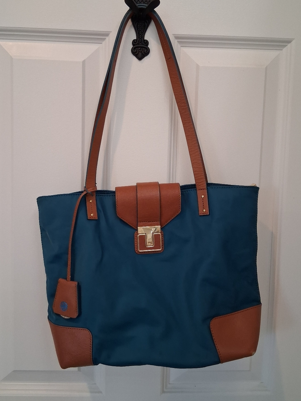 Tory Burch Teal Shoulder Tote with Brown Trim and Gold Hardware